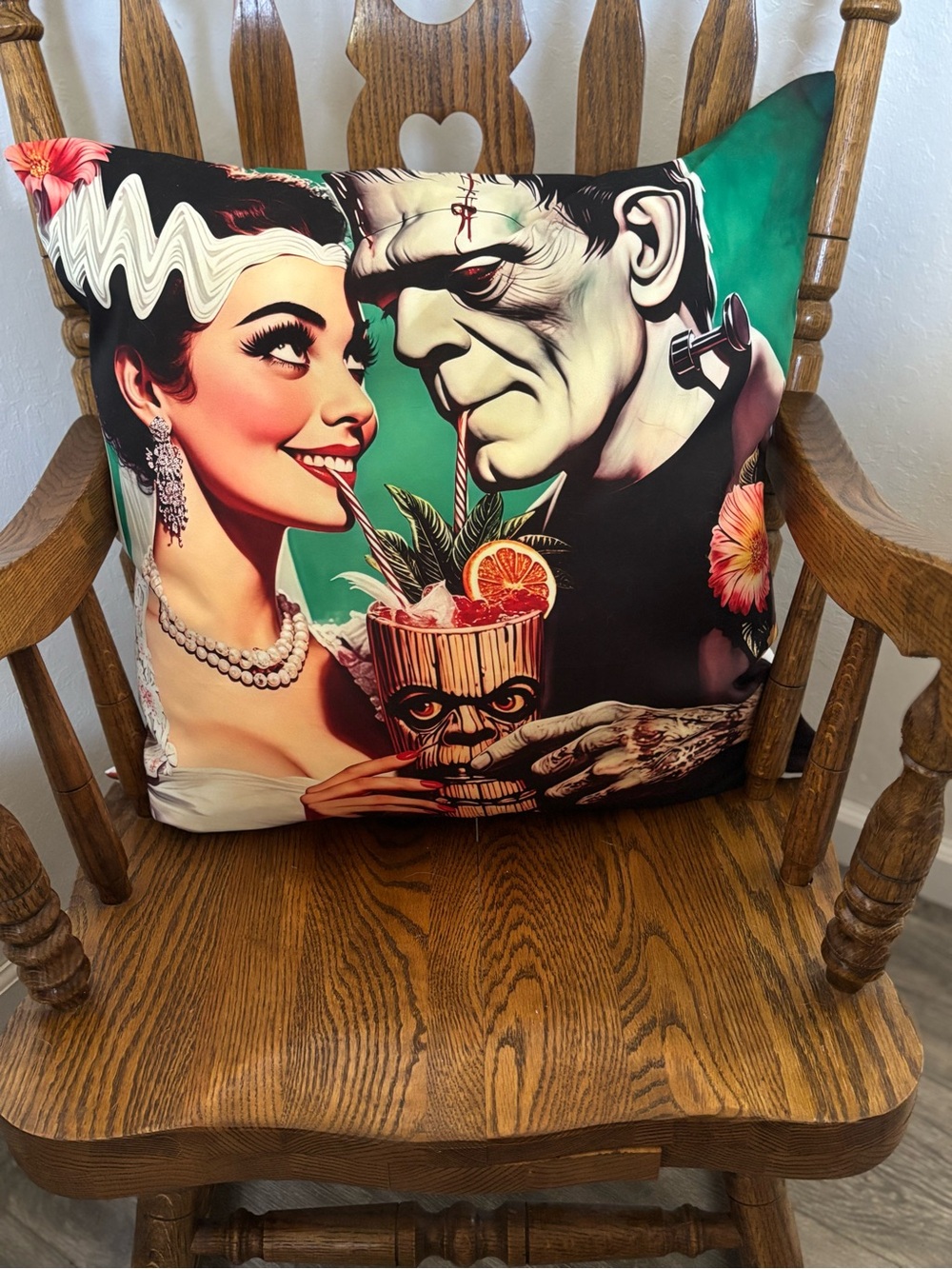 BRAND NEW Retro Frankenstein & Bride Tiki Bar Cocktail TimeOversized ThrowPillow